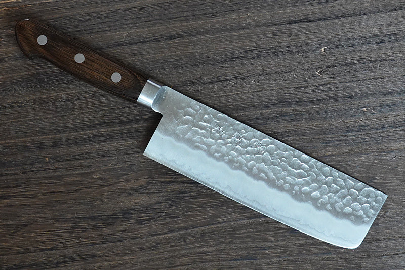 CH010 - Couteau Japonais Nakiri martellé Zenpou  - Lame de 16.5cm en acier au carbone Aogami Super , manche en rouge (bourgogne)