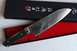 CS208 - Couteau Japonais Santoku damas 33 couches Saji poignée verte - Lame de 18cm en acier Vg10