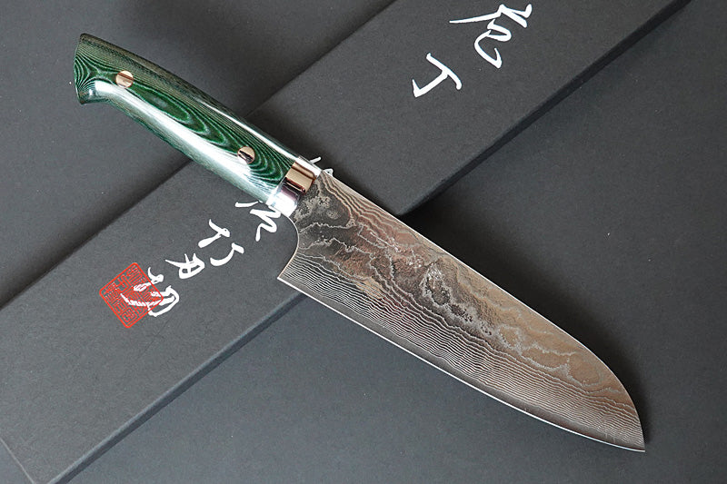 CS208 - Couteau Japonais Santoku damas 33 couches Saji poignée verte - Lame de 18cm en acier Vg10