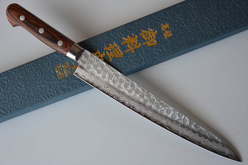CY214 - Couteau Japonais Sujihiki damas 17 couches martellé Zen-Pou - Lame de 24.5cm en acier Vg10